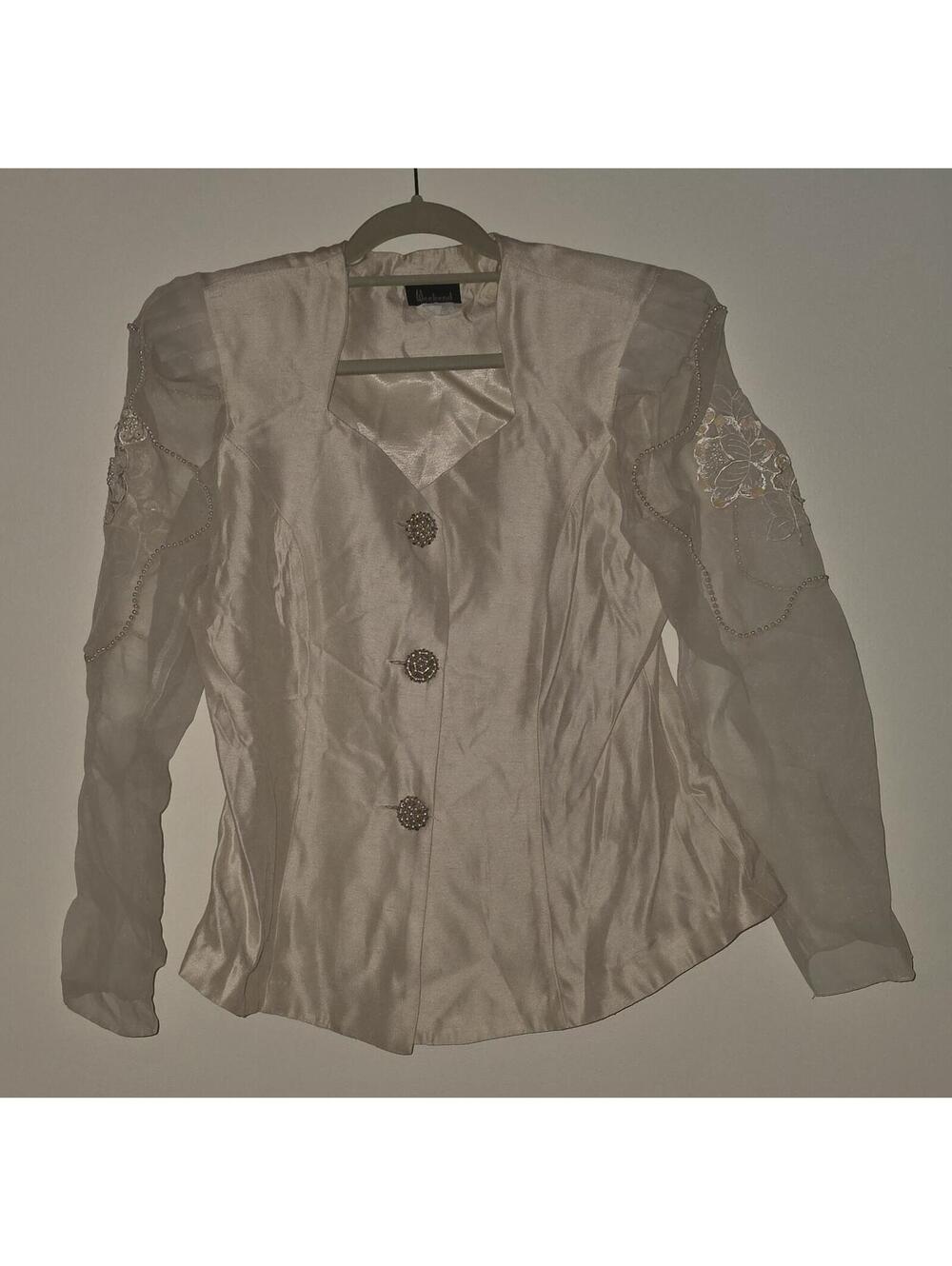 VTG Weekend New York Paris Cream Satin Blouse with Sheer Sleeves